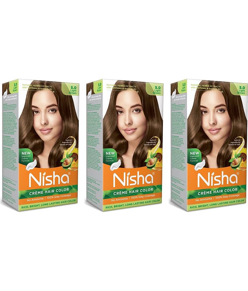 Nisha Creme Hair Color 5.0 Light Brown 120g Pack of 3, Permanent Hair Colour, No Ammonia, 100% Grey Coverage