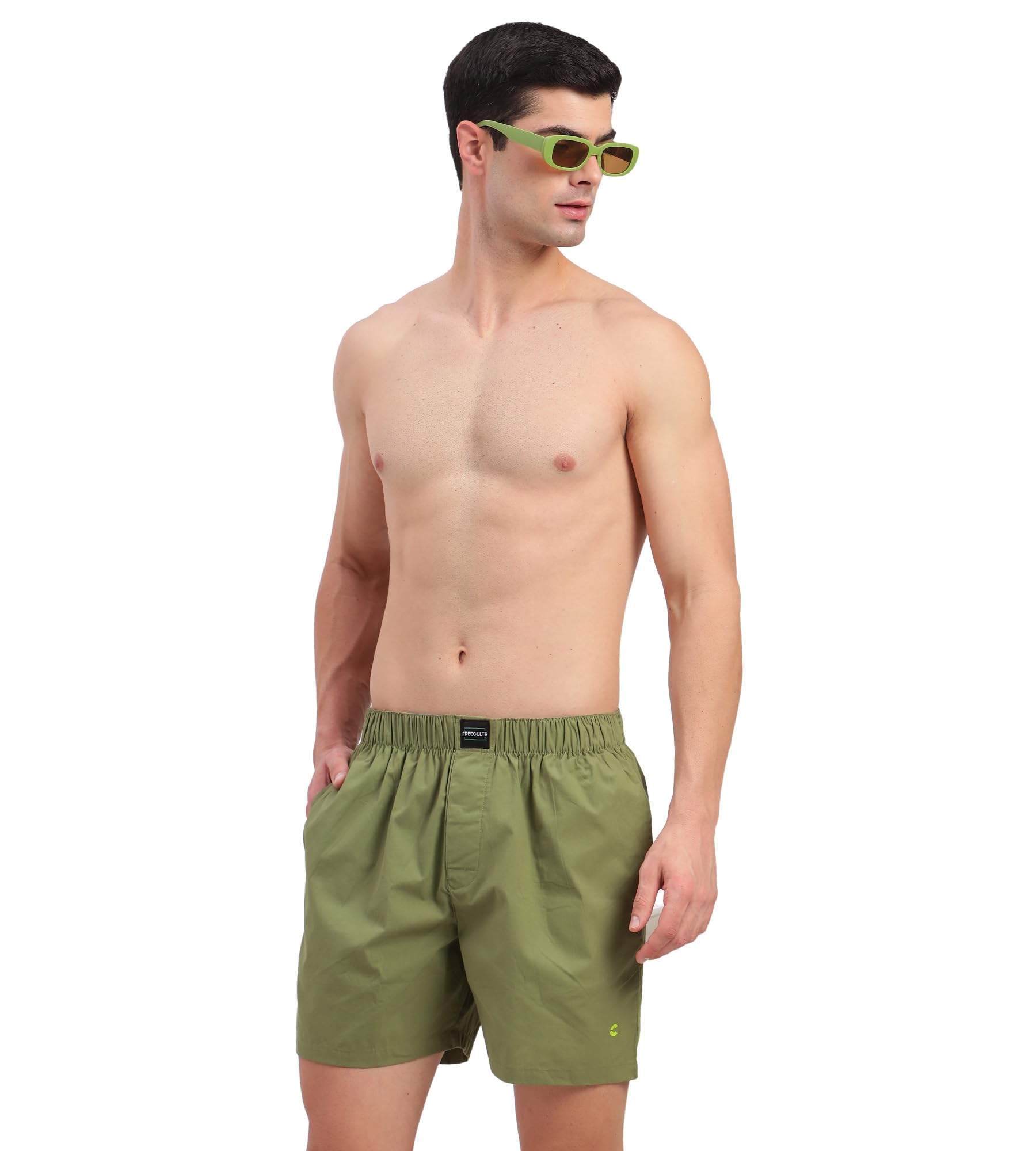 Freecultr Regular Fit Ultralight All Day Boxer Shorts for Men | 100% Cotton Fabric, Dual Deep Side Pocket, Microfibre Waistband Pack of 1-Absinthe Green