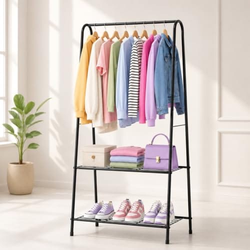 LEOPAX Metal Garment Rack with Clothes Hanging Rail and 2 Storage Shelves, Freestanding Cloth Stand for
