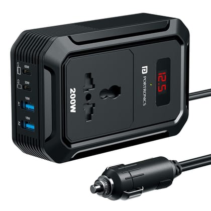 Portronics Car Power III Pro Comes with Dual 18W USB-A Ports, Type-C 65W Port for Laptops,  Type-C 30W Port, Universal AC Socket, Real Time Voltage Display