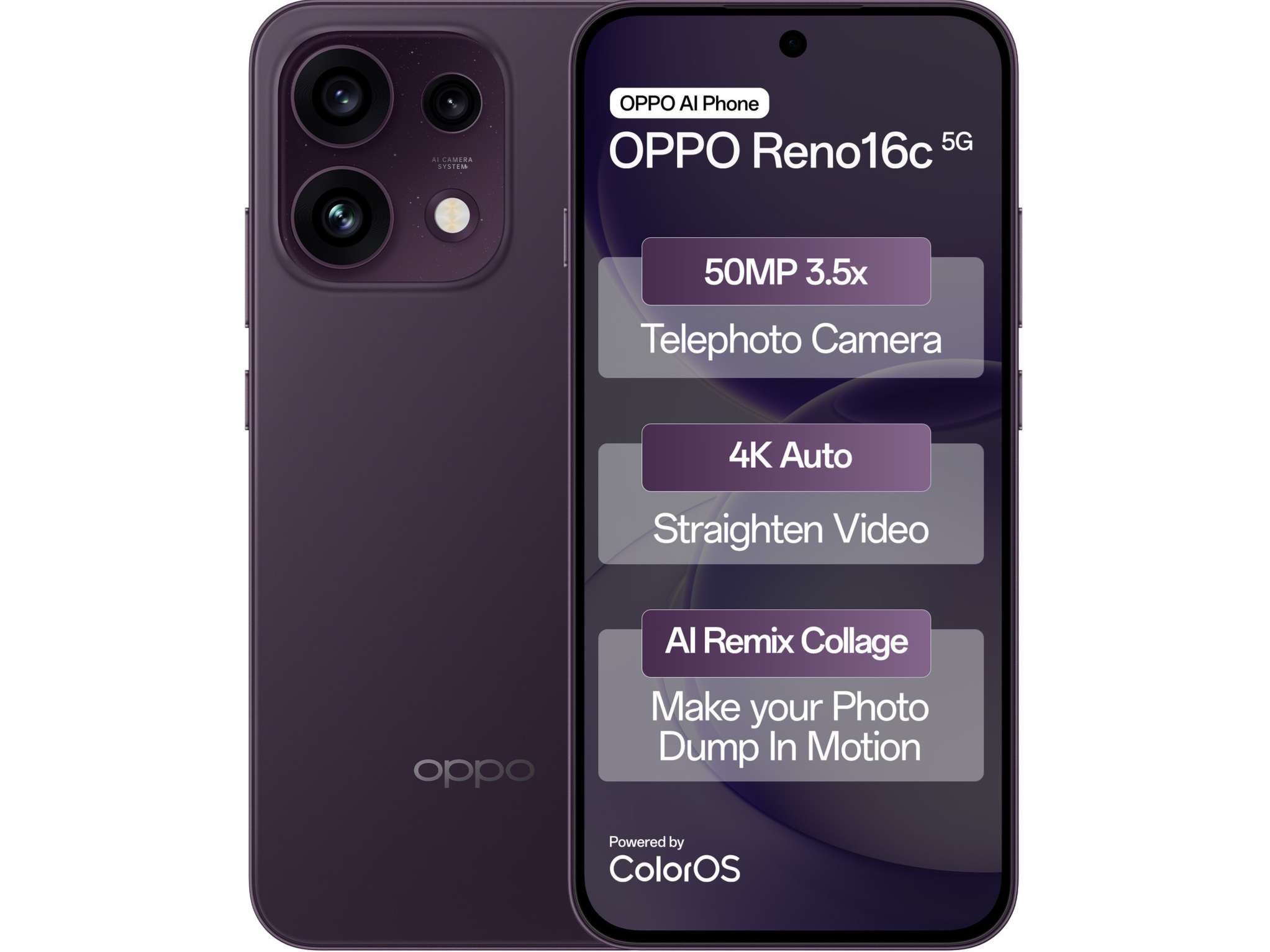 OPPO Reno 16c 5G Smartphone, 8GB RAM, 256GB Storage - Twilight Violet