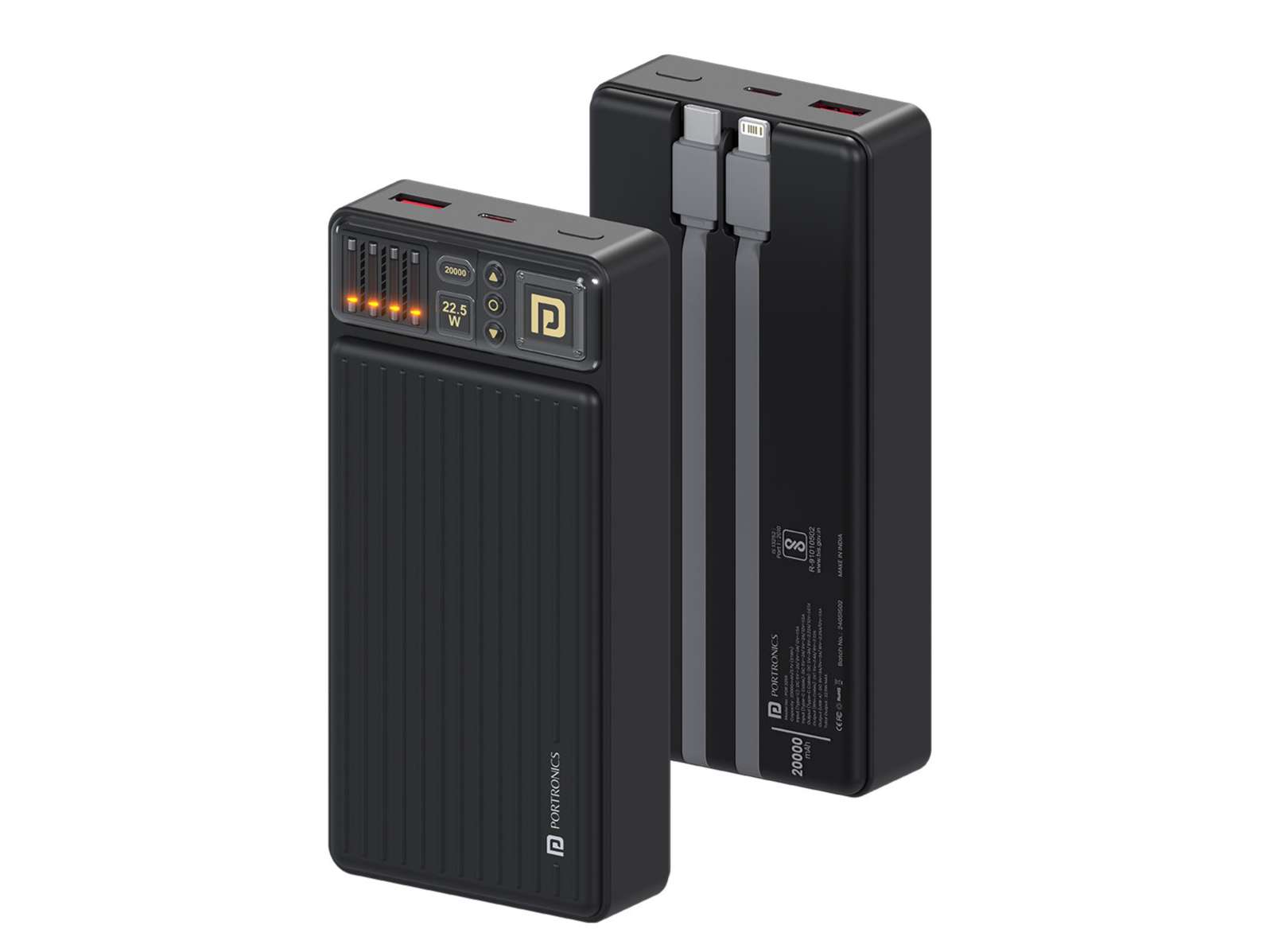 Portronics Luxcell Bind 20K LED Indicator, In Built Charging Cable, Dual Output, Wake Up Button