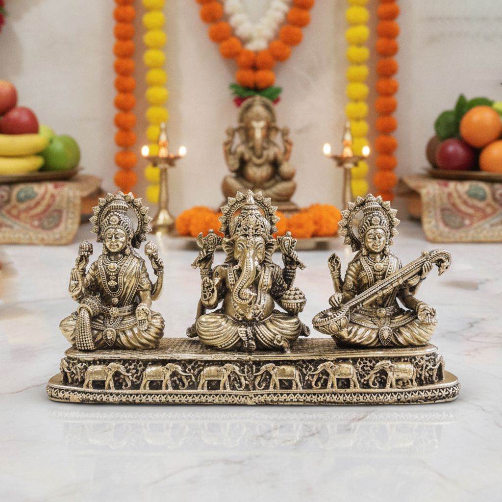 Brass Laxmi Ganesh Saraswati, Height : 4 Inch (BSMAS1772 E)