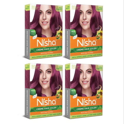 Nisha Creme Hair Color Wine Burgundy 40g Pack of 4, Permanent Hair Color for Women Men, 100% Grey Coverage