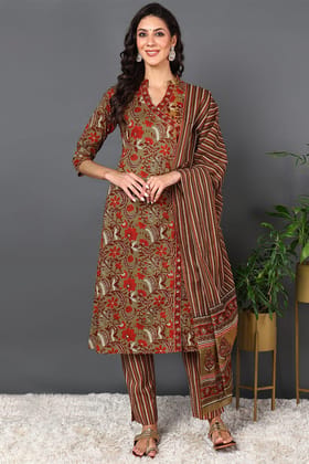 Brown Pure Cotton Ethnic Motifs Printed Anarkali Style Suit Set VKSKD2066