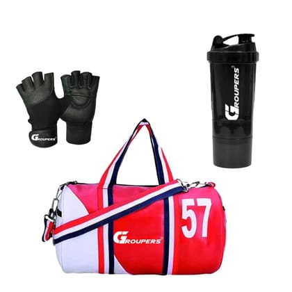 GROUPERS Duffle PU Leather Bag with Shaker Bottle-500ml & GloveslSports & Travel Bag (Red White) GROUPERS Duffle PU Leather Bag with Shaker Bottle-500ml & GloveslSports & Travel Bag (Red White)