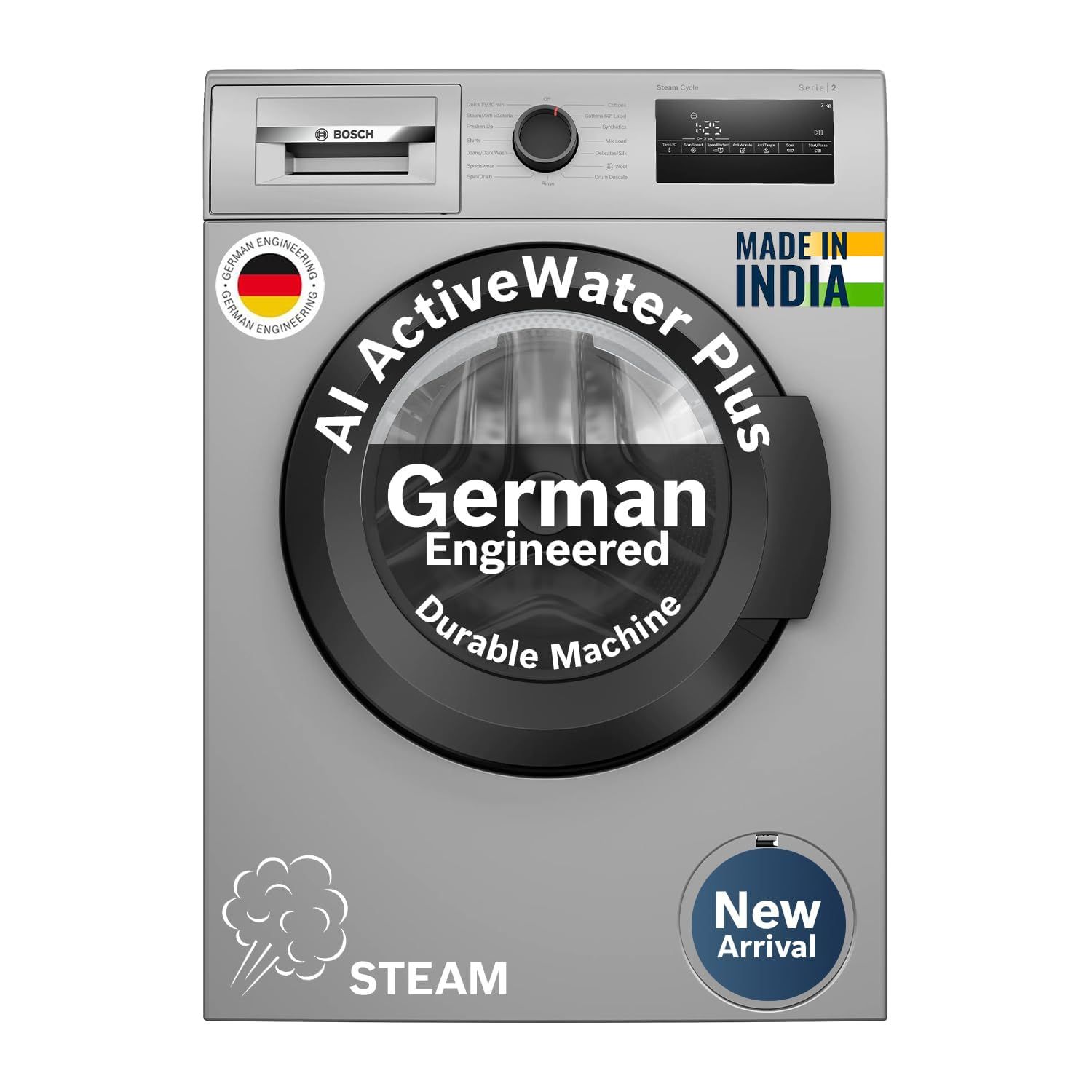 Bosch 7 kg 5 Star Front Load Fully-Automatic Washing Machine, Antibacterial Tech, AI ActiveWater, 15 Wash Programs, 53L Large Drum, SoftCare Paddle, Silver, WAJ24266IN (2026 Model) Bosch 7 kg 5 Star Front Load Fully-Automatic Washing Machine, Antibacteri