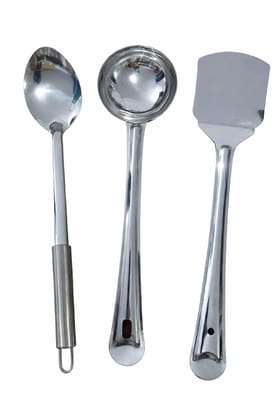 3 Pieces Stainless Steel Kitchen Tools for Home & Kitchen, Cooking & Serving, Basting Spoon (Chamcha), Ladle(Karchhi), Turner/Spatula (Palta)