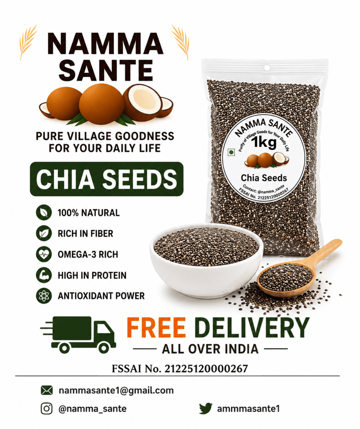 Chia Seeds, Salvia Seeds, Tukmaria Seeds, Mexican Chia Seeds, Superfood Seeds 1kg