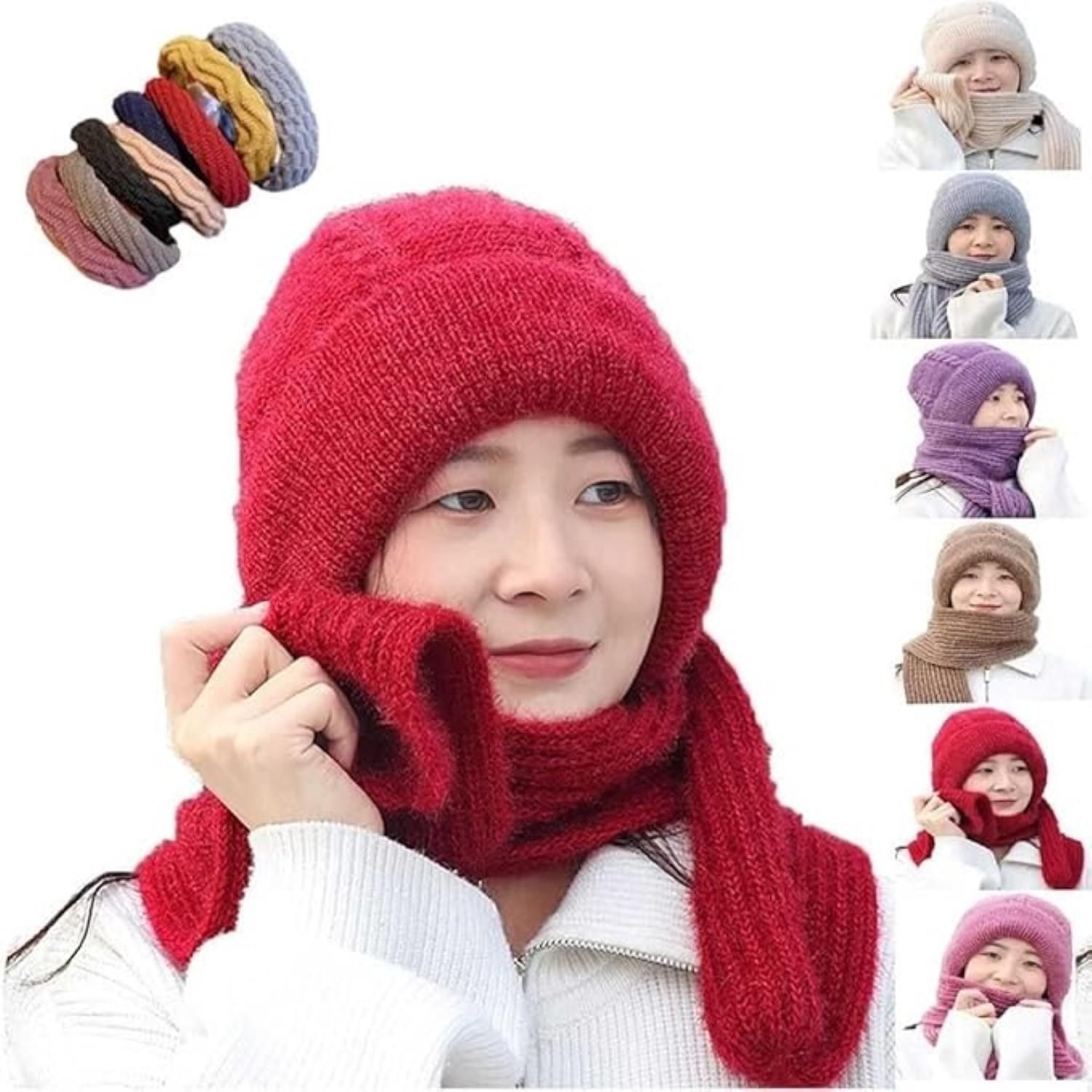 Women’s Soft Knitted Woollen Winter Hat & Muffler Combo | Warm Beanie Cap with Integrated Neck Scarf | Windproof Ear Protection | 2-in-1 Winter Wear for Girls & Ladies – Multicolor