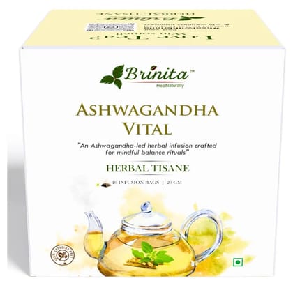 Brinita Ashwagandha Vital Herbal Tisane | Stress Relief & Wellness Blend | Ashwagandha, Hibiscus, Lemongrass, Lavender, Rose & More | 10 Tea Bags | Brew Hot or Cold | 100% Natural | Product of India