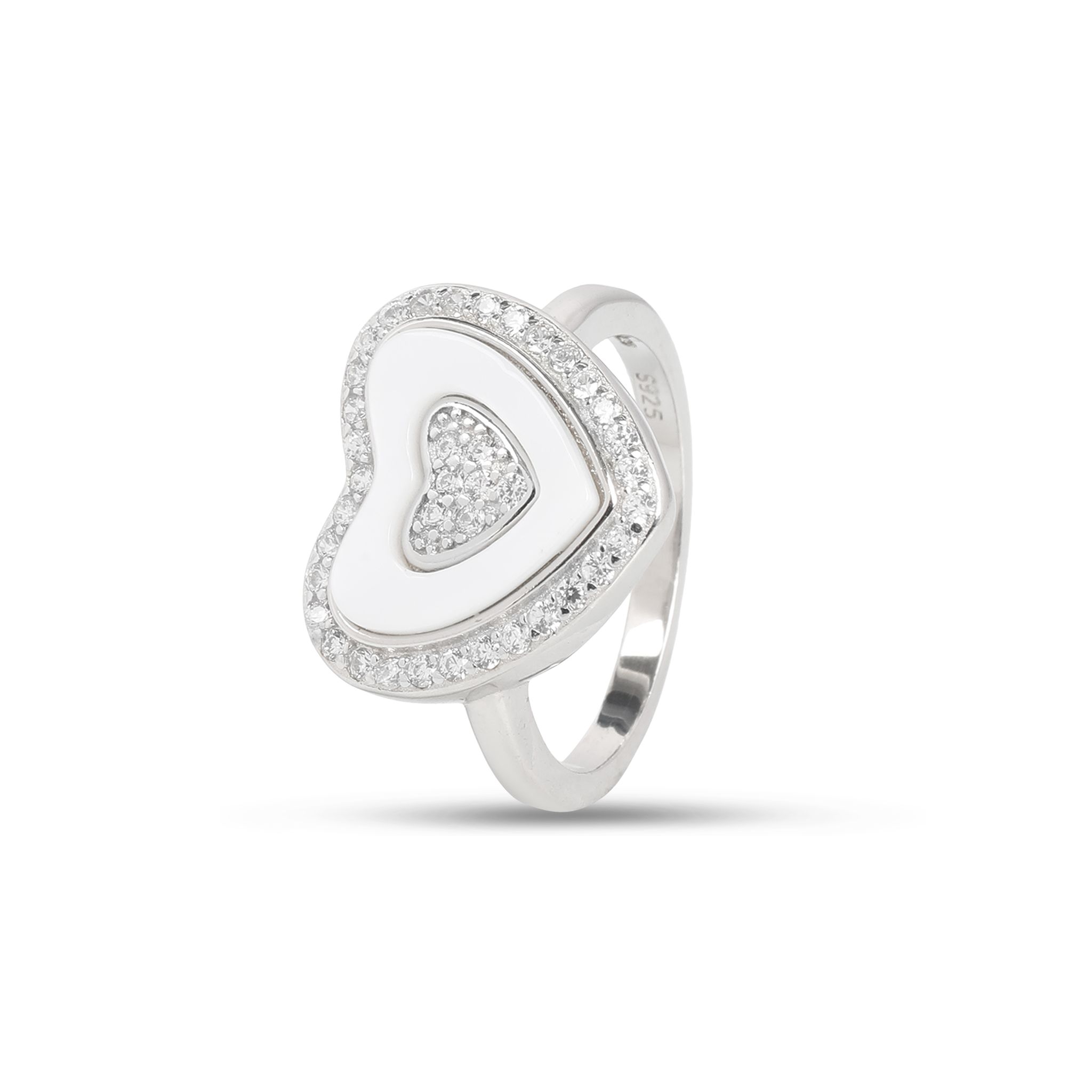 925 Sterling Silver Heart Shape Ring with White Enamel & Cubic Zirconia for Women | Stylish Love Statement Ring I Weight - 4.2 g