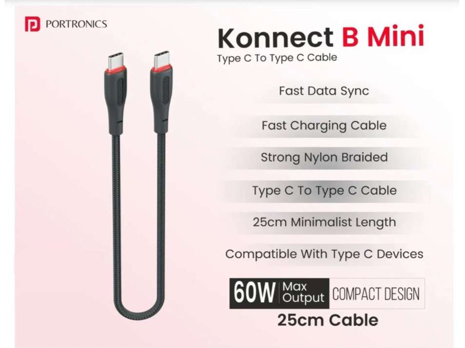 Portronics Konnect B Mini USB-C to USB-C Cable, 60W, 25cm - Black