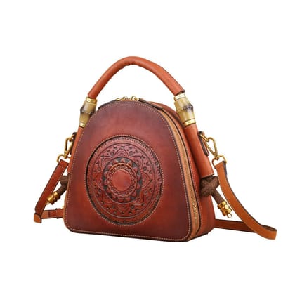 Genuine Leather Cowhide Vintage Chinese Style Embossed Handbags tote bag large capacity sling shoulder bag for women