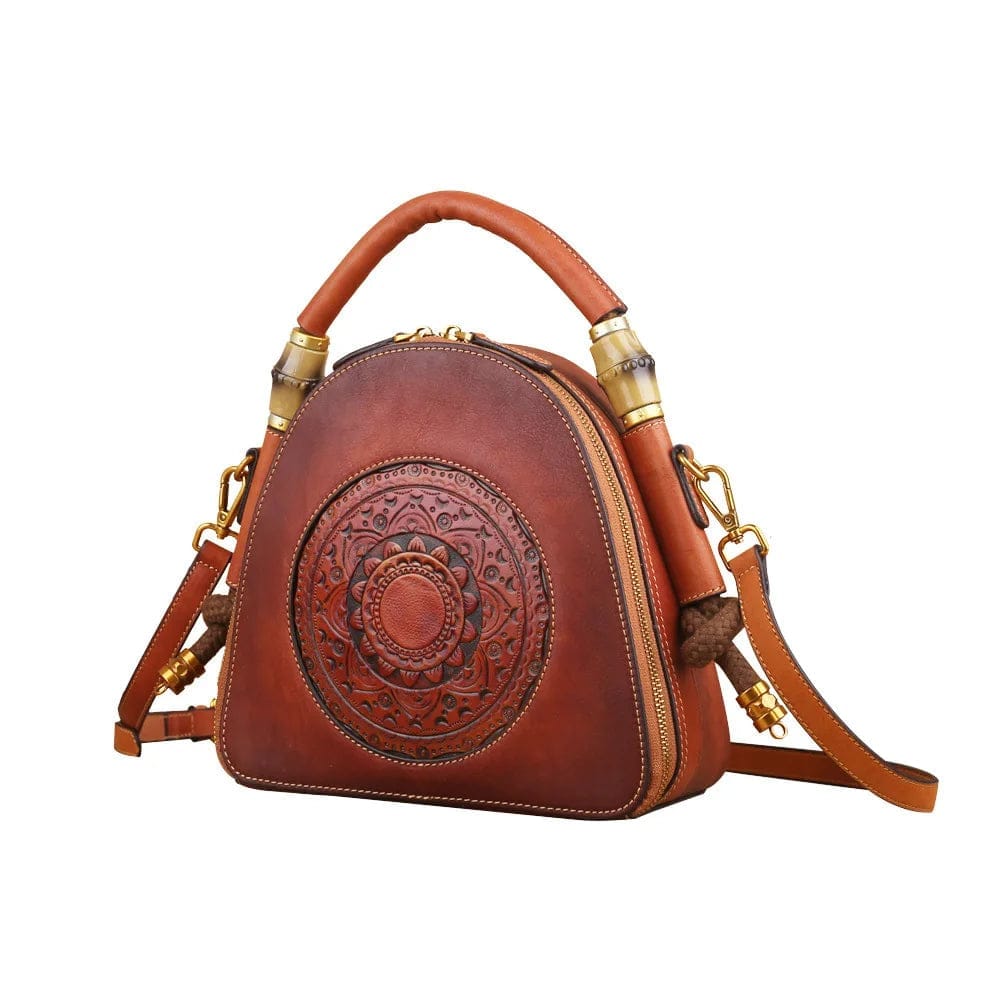 Genuine Leather Cowhide Vintage Chinese Style Embossed Handbags tote bag large capacity sling shoulder bag for women