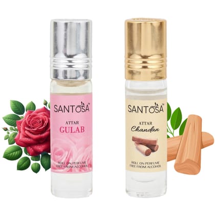 Santosa Gulab (Rose) & Chandan (Sandalwood) Attar Roll-Ons, 6ml Each | Alcohol-Free Itra/Ittar/Attar with Long-Lasting Floral & Woody Scents for Men & Women, Ideal for Pooja, Puja, & Everyday Use Santosa Gulab (Rose) & Chandan (Sandalwood) Attar Roll-Ons, 6ml Each | Alcohol-Free Itra/Ittar/Attar with Long-Lasting Floral & Woody Scents for Men & Women, Ideal for Pooja, Puja, & Everyday Use
