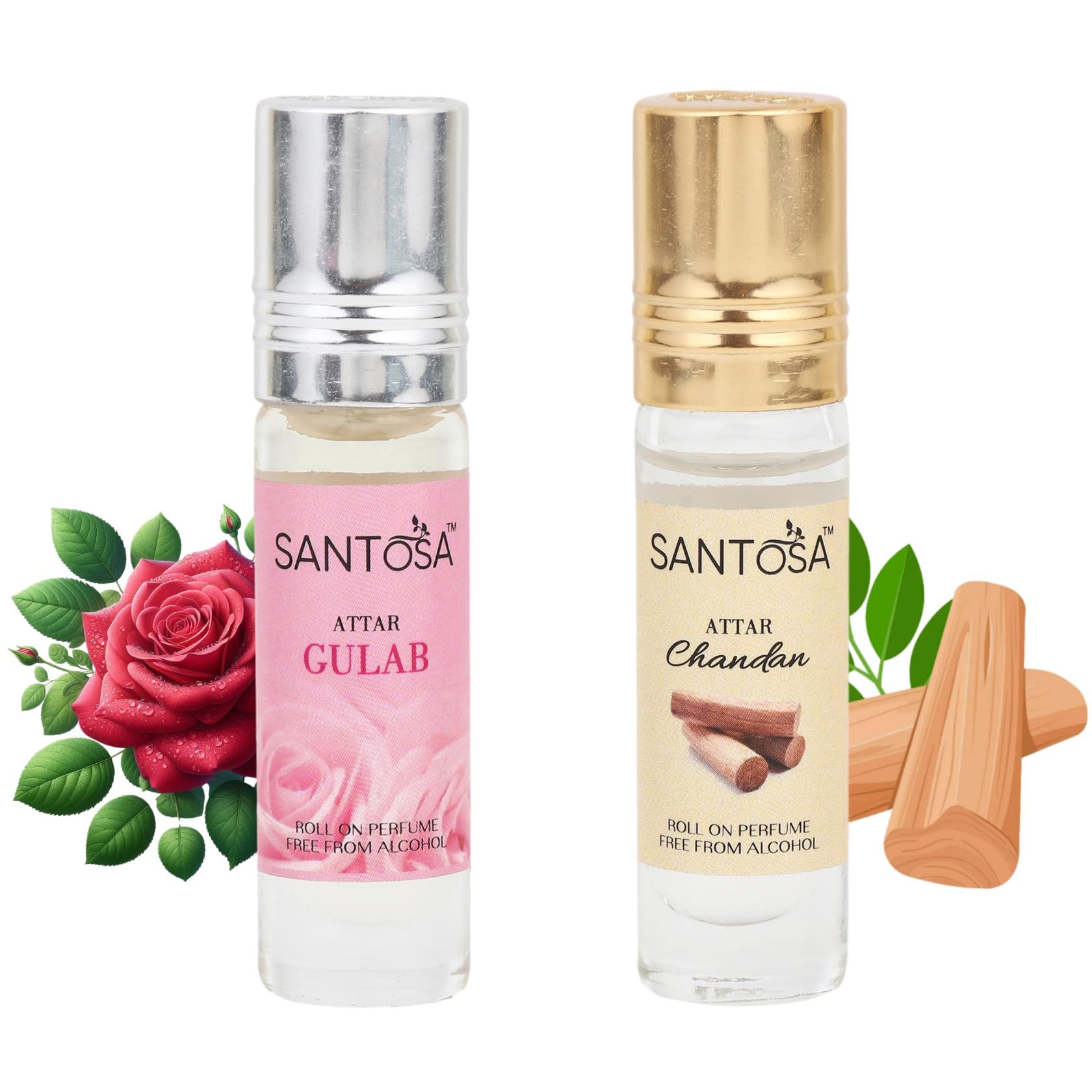Santosa Gulab (Rose) & Chandan (Sandalwood) Attar Roll-Ons, 6ml Each | Alcohol-Free Itra/Ittar/Attar with Long-Lasting Floral & Woody Scents for Men & Women, Ideal for Pooja, Puja, & Everyday Use