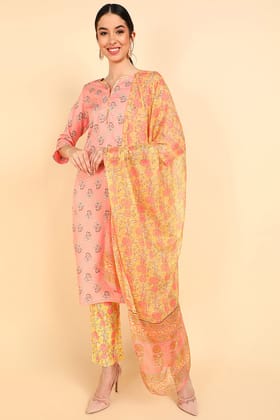Peach Polyester Ethnic Motifs Straight Suit Set PKSKD1106
