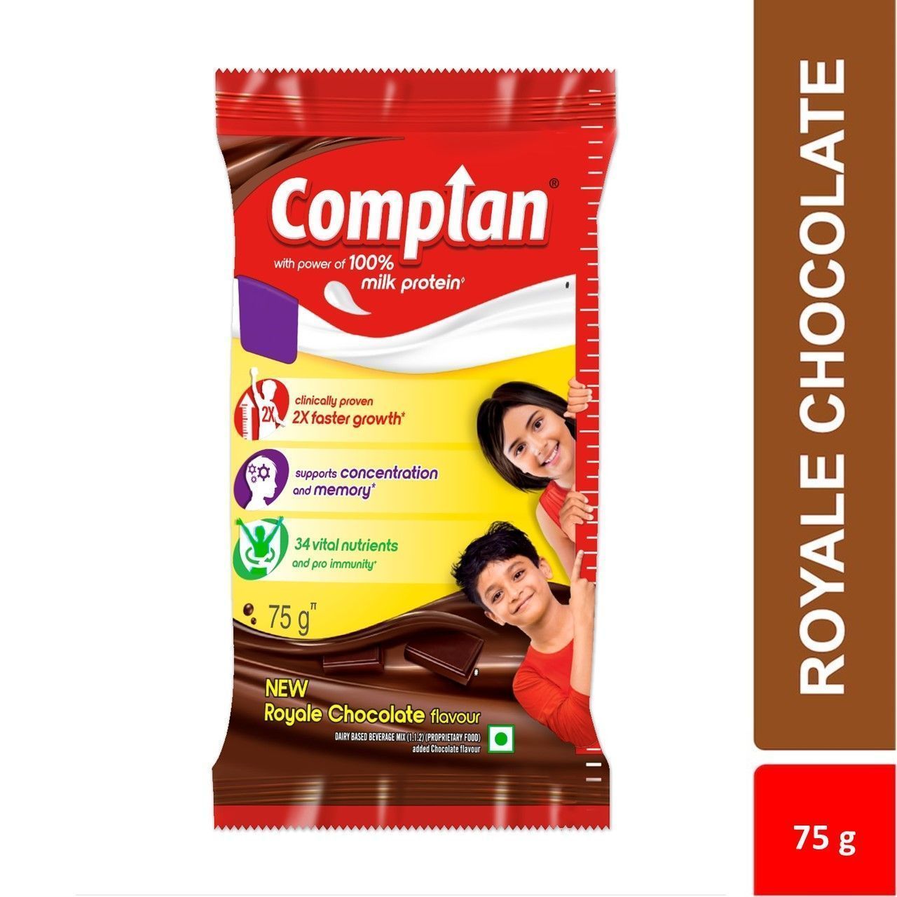 Complan Nutrition Drink Powder for Children, Royal Chocolate Flavour, 75 gm sachet | Nutrition drink for kids with protein & 34 vital nutrients