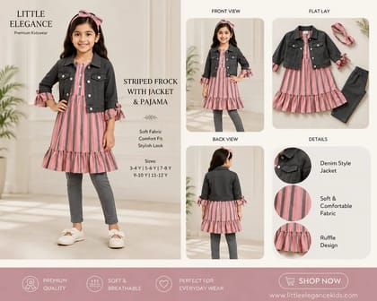 Front Open Button Frock Vertical Stripe Pattern Ruffle Bottom Design Denim Style JacketMatching Grey Legging Casual + Party Wear Look