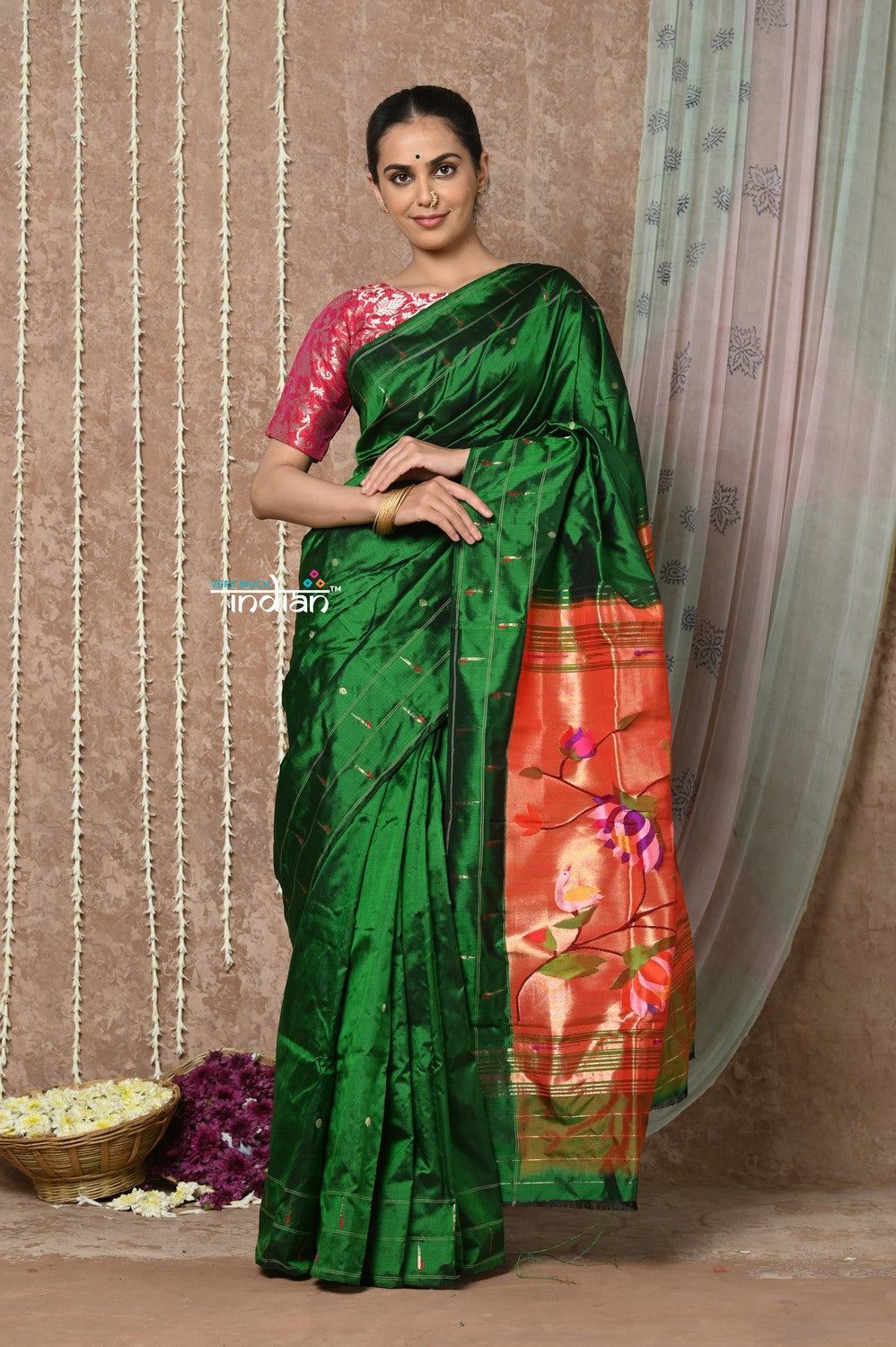 Tyohaar ~ Handloom Pure Silk Green Muniya Border Paithani Saree with Handcrafted Floral Pallu ~ Royal Green