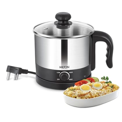 Milton Kitchen Essential Euroline Go Electro Electric Cooker With Glass Lid, 600 Watt, 1.2 Litres, Multi-Purpose Kettle Cum Steamer for Instant Noodles, Eggs, Cordless Pot