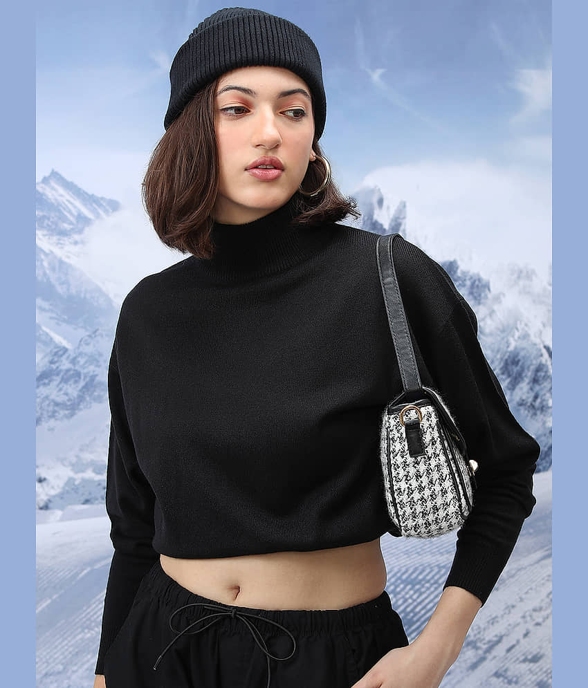 Tokyo Talkies Women Acrylic High Neck Pullover ( Black )