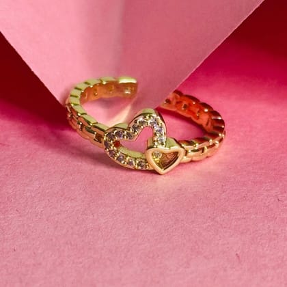 Smitam Jewels Duo Heart Adjustable Ring White Stone Gold Tone Romantic Ring