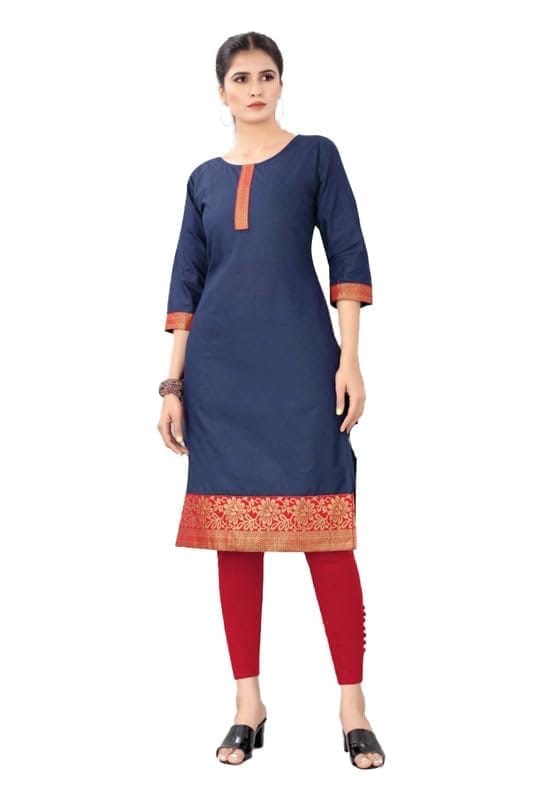Women's Casual 3/4th Sleeve Solid Cotton Kurti (Navy Blue, L)-PID46114