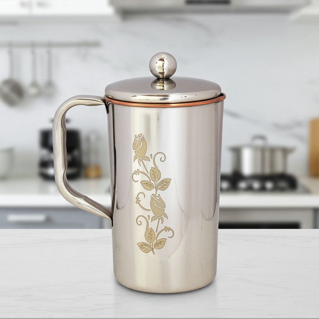 Copper & Steel Water Jug – 1.2 Liter | Everyday Kitchen Pitcher, Height : 8 Inch (ZMAS278 C)