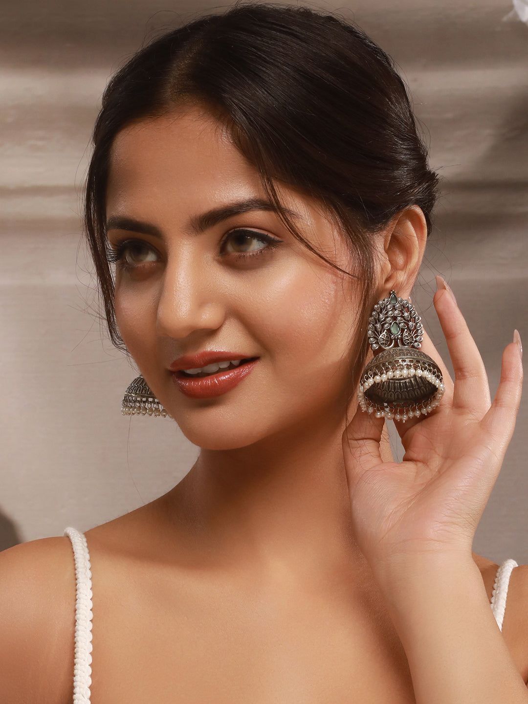Silver Oxidised Pearl Beaded Filigree Tribal Large Jhumka Earrings