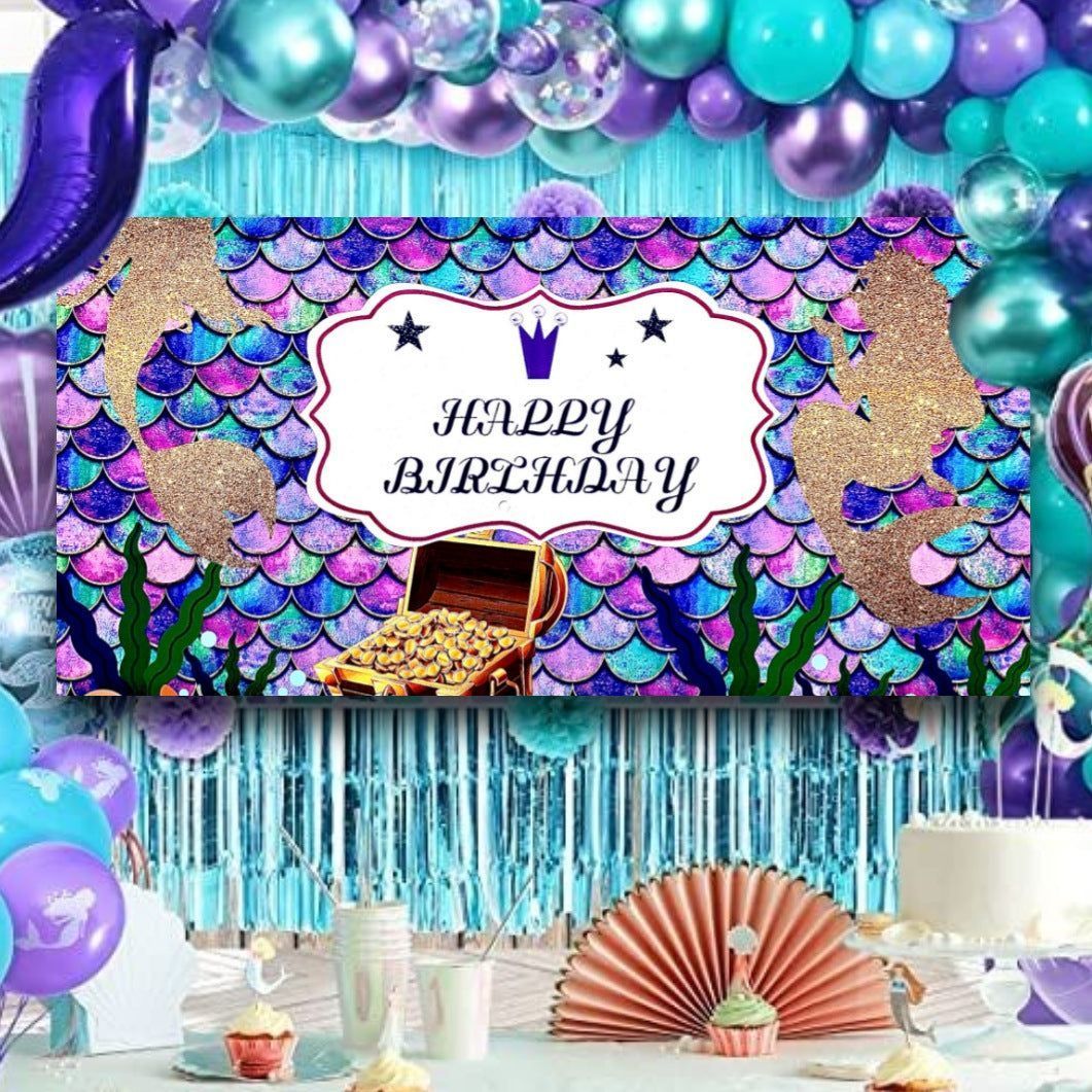Mermaid Theme Multicolor Scale Print Happy Birthday Banner for Wall Decor -  4FT X 2FT - 1PC
