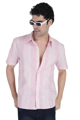 Men's Pink White Line Half Sleeve Striped Shirt