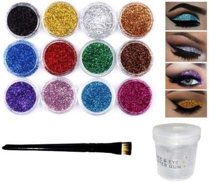 Elecsera Multi Colors Eye Dry Thick Shimmer Glitters - Pack of 12 Pcs with Eye Glue/Gum & Eyeshadow Brush