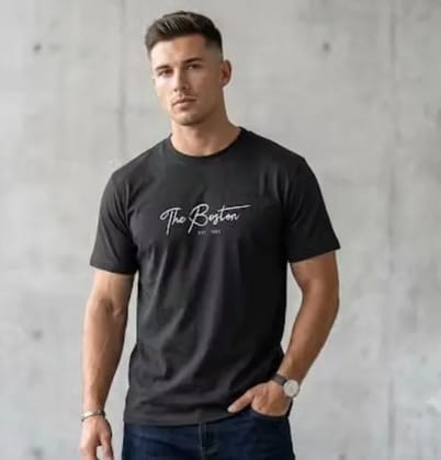 Mens Black Typography Printed Round Neck Half Sleeve Cotton T-Shirt