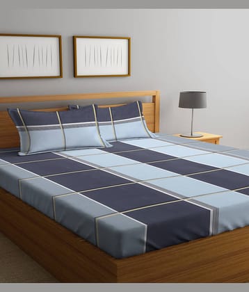 Klotthe Poly Cotton Big Checks 1 Double King Size Bedsheet with 2 Pillow Covers - Blue
