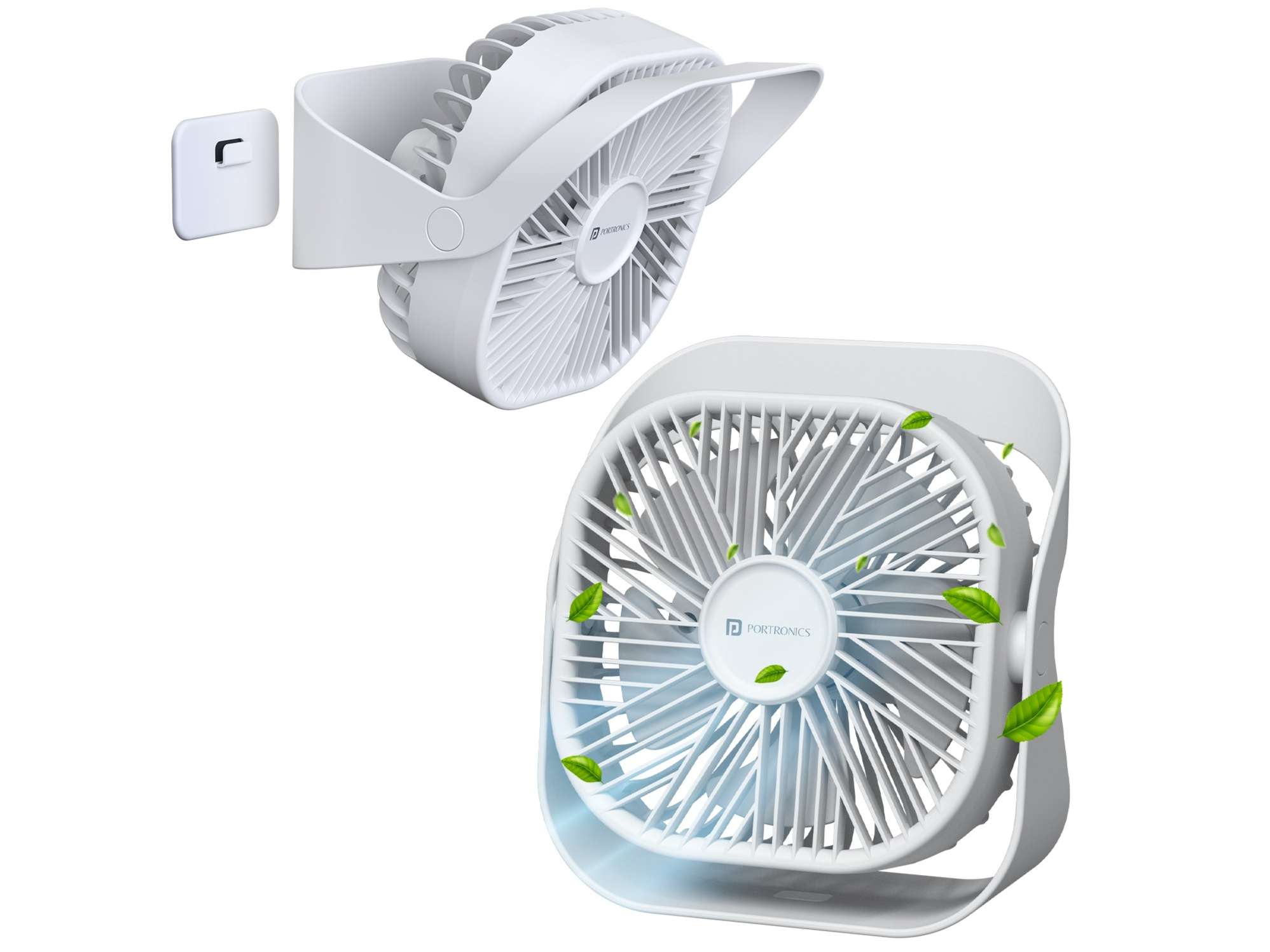 Portronics CoolCube Mini, 2-in-1 Desktop & Wall Fan, 2000mAh Battery, Type-C Charging, 360 Rotate with Pasteable Hook, 3 Speed Modes, BLDC Motor - White