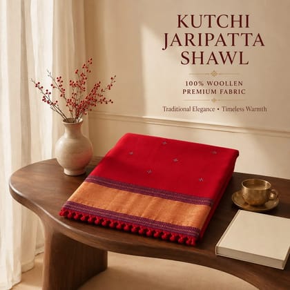 Chilly Red Kutchi Jaripatta Woollen Shawl Chilly Red Kutchi Jaripatta Woollen Shawl