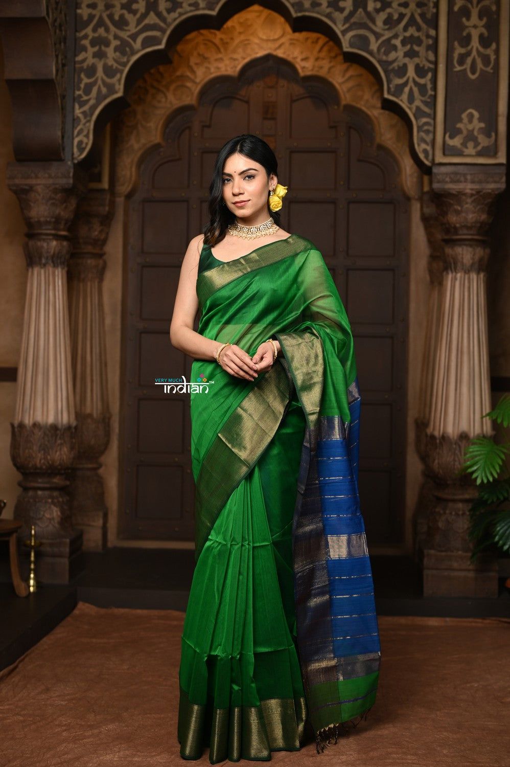 Parampara ~ Handloom Cotton Silk Saree with Golden Border in Green with Contrast Blue Pallu