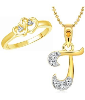 Vighnaharta Dual Heart Ring with Initial ''J'' Letter Gold Pendant and Rhodium Plated Jewellery Combo set