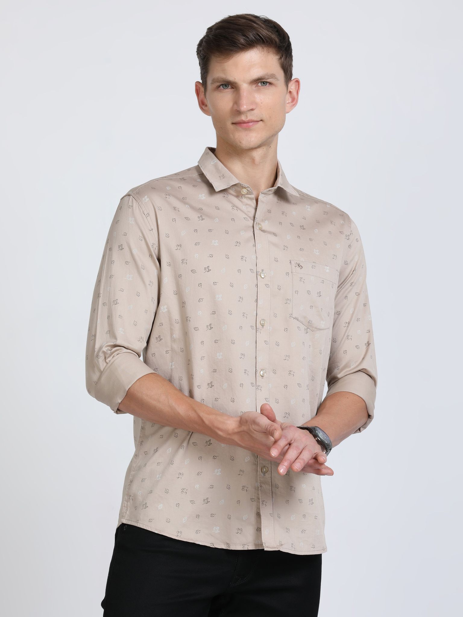 Classic Polo Mens Pure Cotton Full Sleeves Printed Slim Fit Polo Neck Cream Color Woven Shirt | So2-166 A-Fs-Prt-Sf