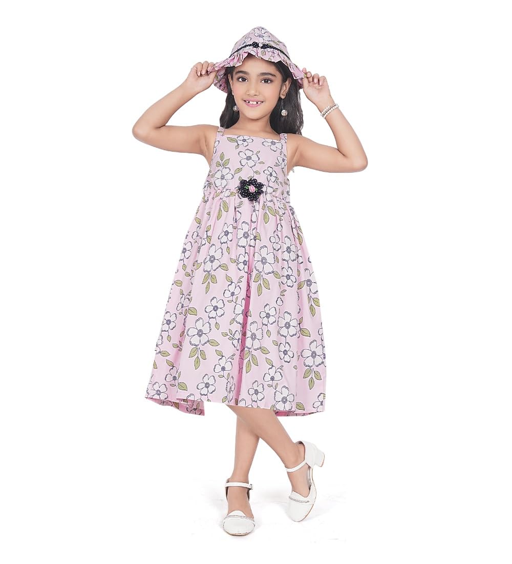 Girl's Cotton Printed Sleeve Less Round Neck Dress (Pink, 8-9_Yrs)-PID63790