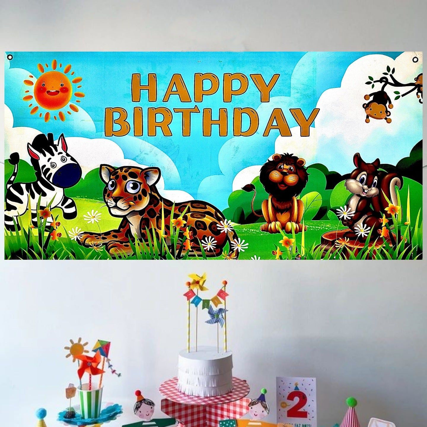 Jungle Animal Theme Happy Birthday Banner for Wall Decor - 4FT X 2FT - 1PC