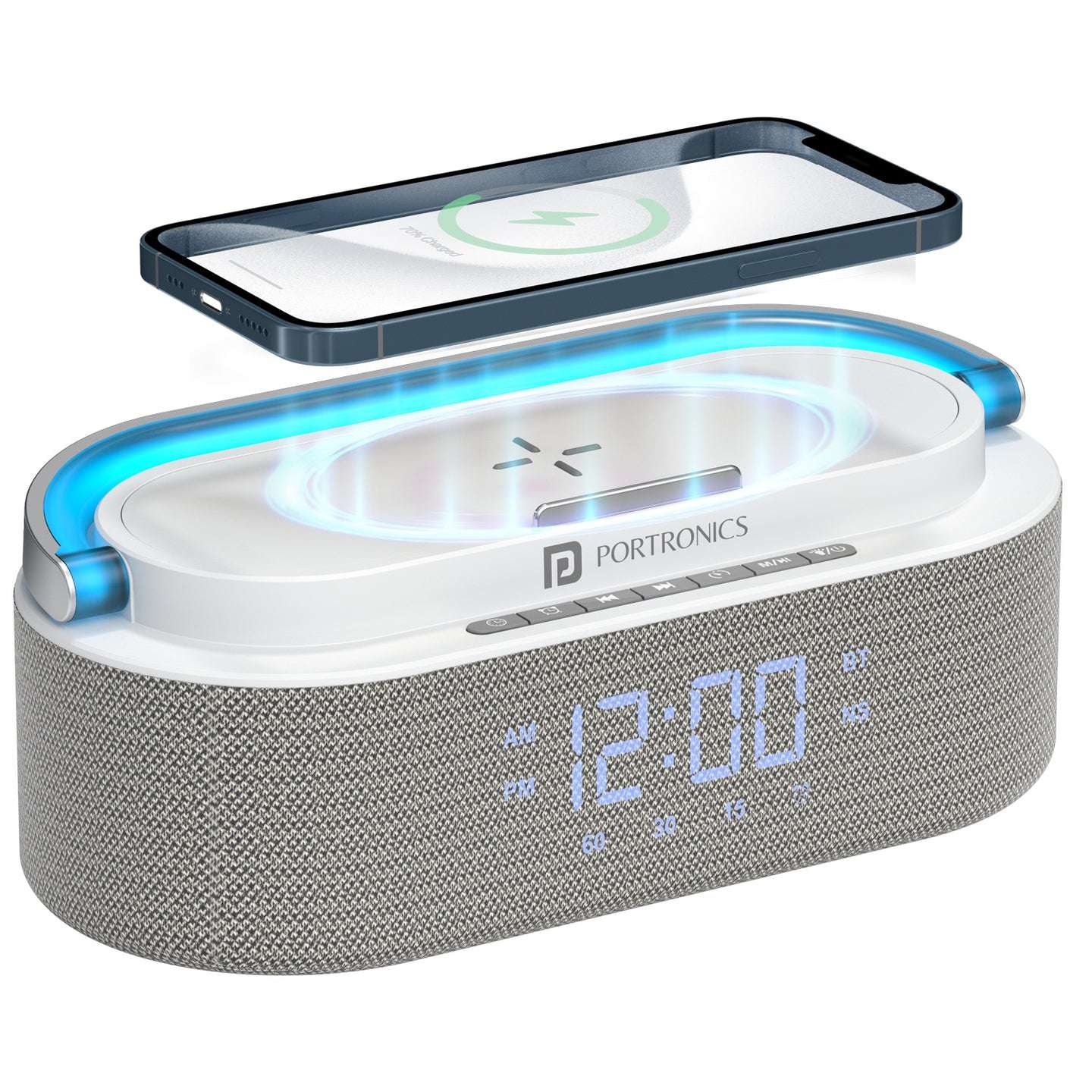 Portronics String Bluetooth Speaker with 15W Wireless Charging, RGB LED Lights & Digital Clock - White
