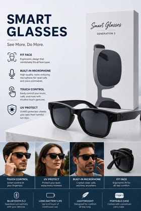 Smart Glasses with Built-in Microphone, Touch Control, UV400 Protection & Comfortable Fit  Generation 2 (Design May Vary)