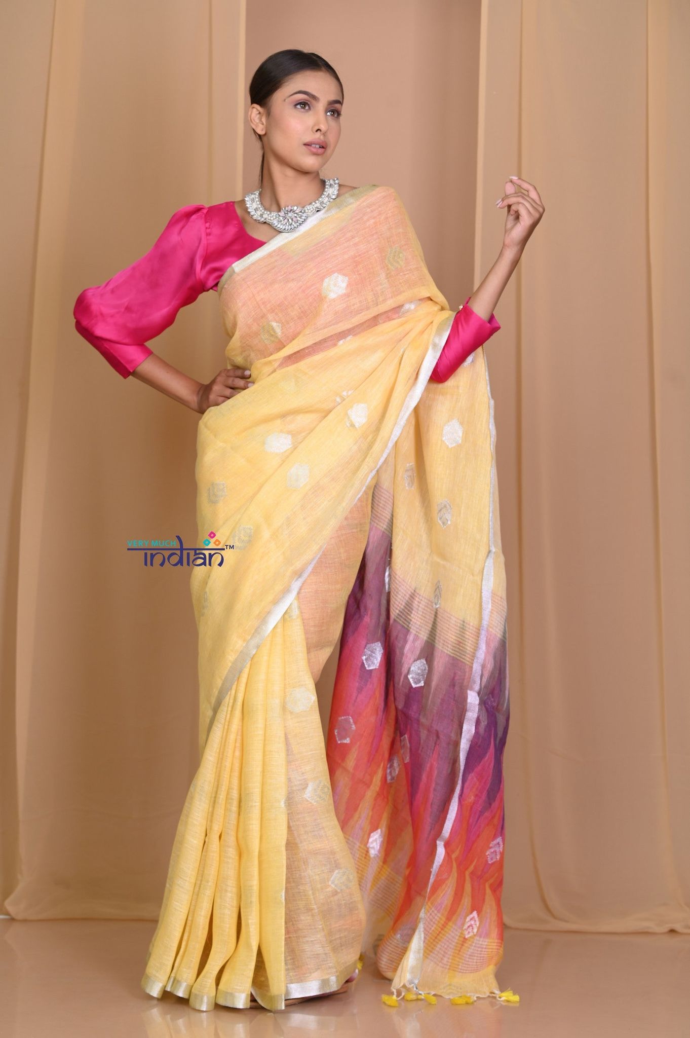 Pehal~ Pale Yellow High Thread Count Organic Linen with SLEEK Border &  Multicolor Ikkat Pallu