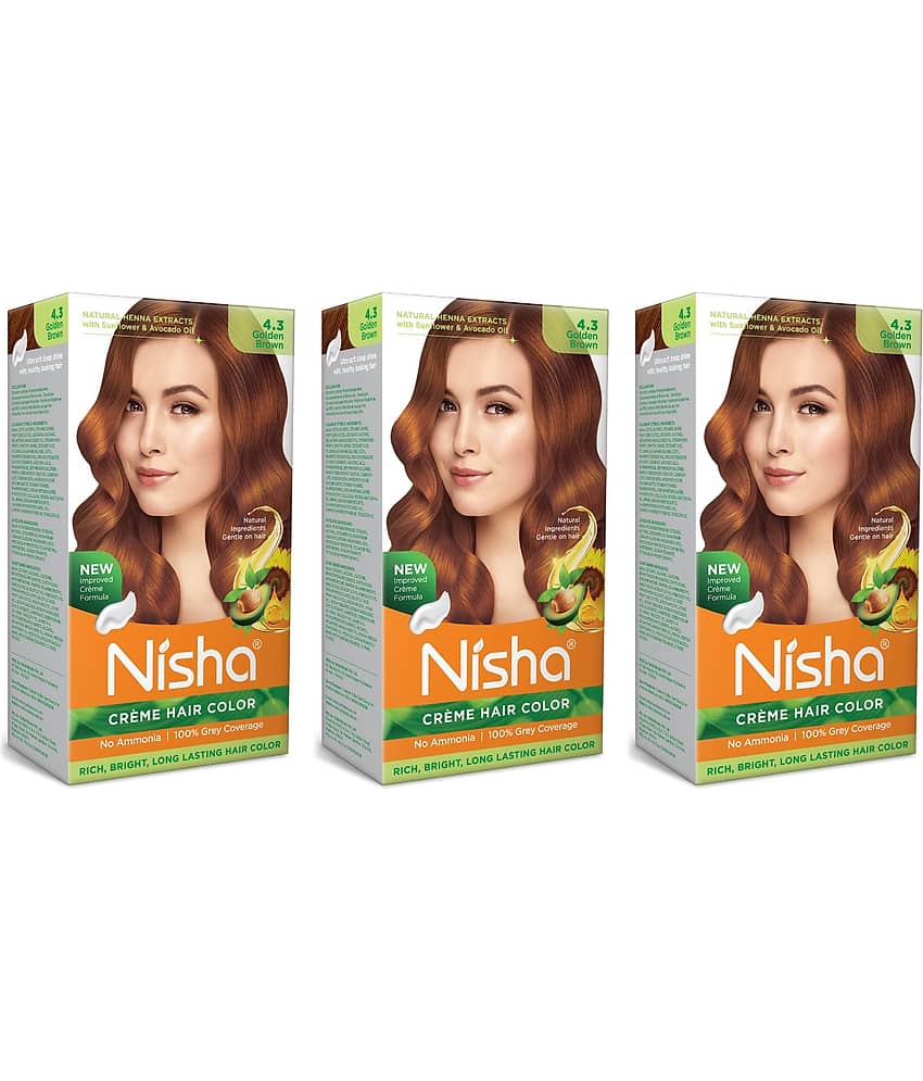 Nisha Creme Hair Color 4.3 Golden Brown 120g Pack of 3, Permanent Hair Colour, No Ammonia, 100% Grey Coverage