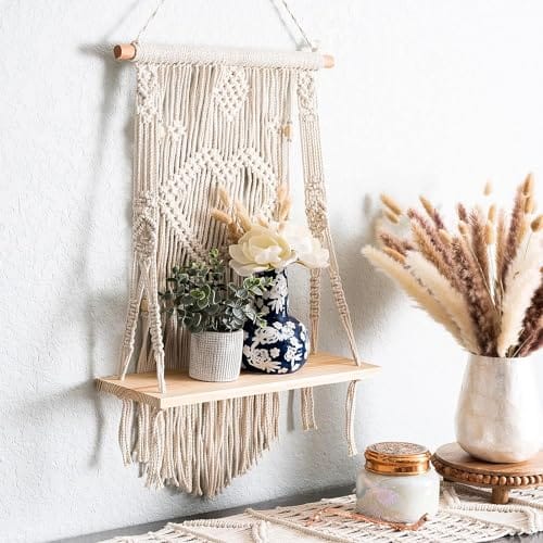 Wall Hanging Floating Shelves for Wall Decor With Real Pine Wood Dowel Hand Woven Bohemian Decor for Apartment