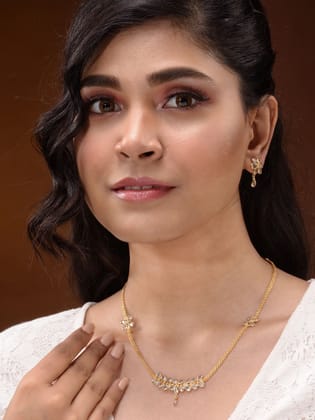Gold Toned AD Studded Minimal Designer Necklace Jewellery Set