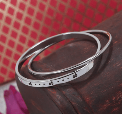 Silver Plated Rhodium Dotted Printed Style Double Round Interlocked Bangle